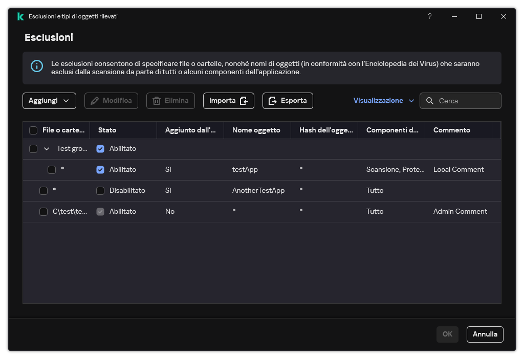 Una finestra con l'elenco delle esclusioni. Vengono visualizzate le proprietà di esclusione. L'utente può aggiungere, modificare o eliminare le esclusioni.