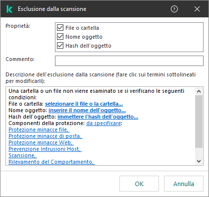 Una finestra con gli strumenti di selezione delle esclusioni. L'utente può selezionare un file o una cartella, inserire un hash o un nome dell'oggetto.