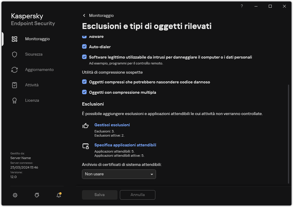 Finestra delle impostazioni di esclusione. L'utente può aggiungere esclusioni e applicazioni attendibili.