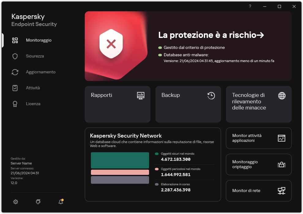 Finestra principale dell'applicazione in presenza di minacce non elaborate. Viene visualizzato il messaggio "La sicurezza è a rischio".