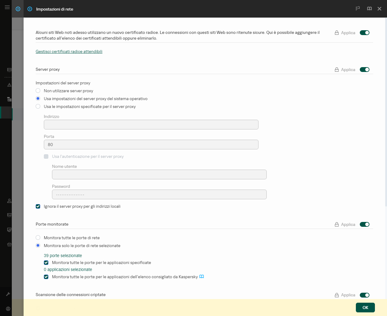 Finestra delle impostazioni di rete dell'applicazione. L'utente può configurare le impostazioni del server proxy.