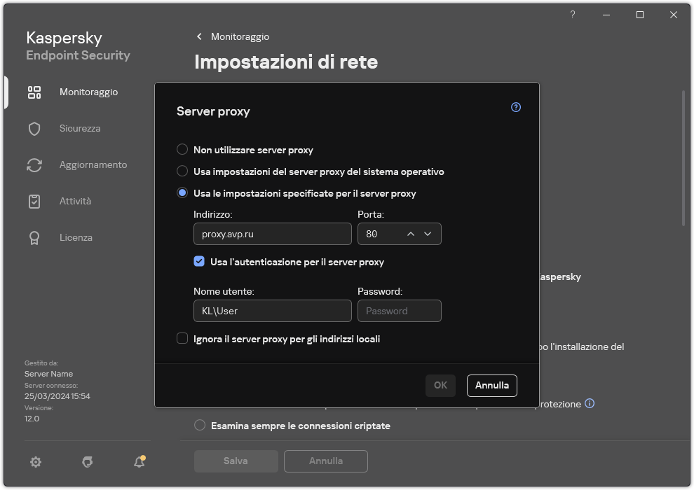 La finestra per la configurazione della connessione al server proxy. L'utente può impostare l'indirizzo del server proxy e le credenziali per la connessione al server proxy.