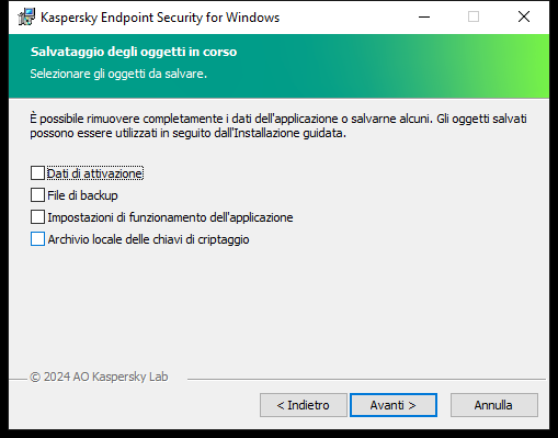 Finestra del programma di installazione con un elenco di oggetti che possono essere salvati dopo aver rimosso l'applicazione.