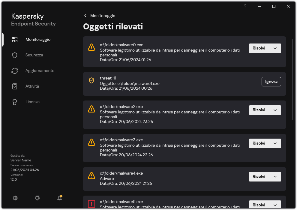 Una finestra con l'elenco degli oggetti rilevati. Vengono visualizzate informazioni sull'oggetto. L'utente può risolvere o rimuovere l'oggetto.