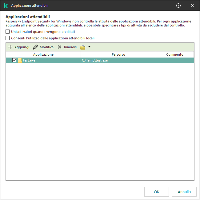Una finestra con l'elenco delle applicazioni attendibili. L'utente può aggiungere, modificare o rimuovere un'applicazione attendibile.