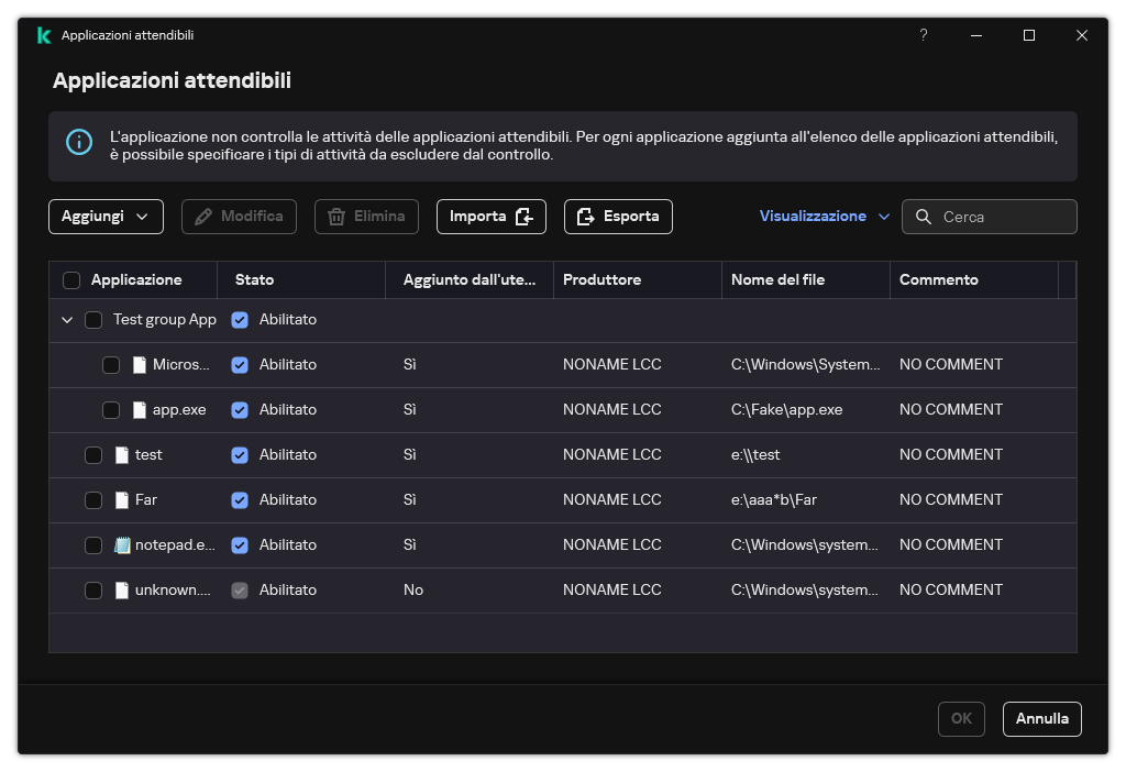 Una finestra con l'elenco delle applicazioni attendibili. L'utente può aggiungere, modificare o rimuovere un'applicazione attendibile.