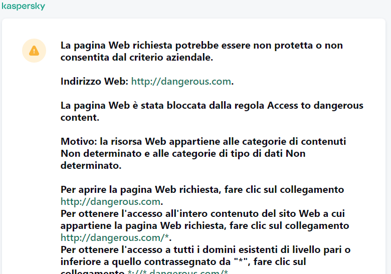 Notifica di Kaspersky relativa alla visita di una pagina Web potenzialmente non sicura nella finestra del browser. L'utente può creare una richiesta per accedere alla risorsa Web.