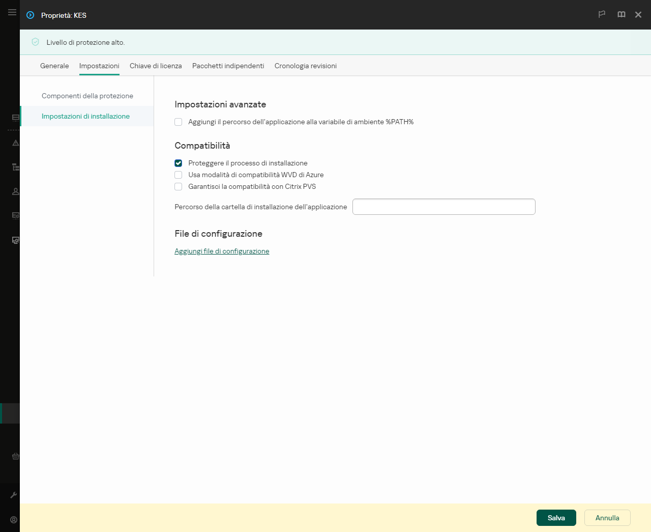 Finestra delle proprietà del pacchetto di installazione. È possibile configurare l'installazione dell'applicazione.