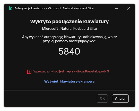 Okno z kodem autoryzacyjnym klawiatury. Użytkownik może aktywować klawiaturę ekranową i wprowadzić kod.