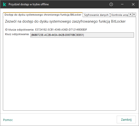 Okno z kluczem umożliwiającym przywrócenie dostępu do zaszyfrowanego dysku systemowego.