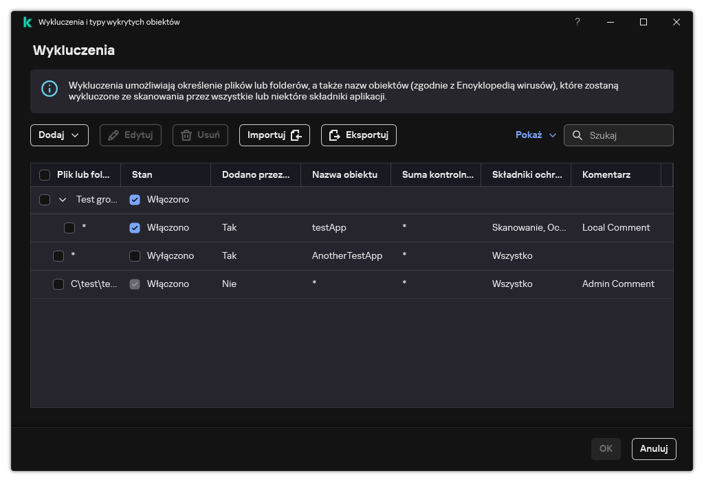 Okno z listą wykluczeń. Wyświetlane są właściwości wykluczenia. Użytkownik może dodawać, edytować lub usuwać wykluczenia.