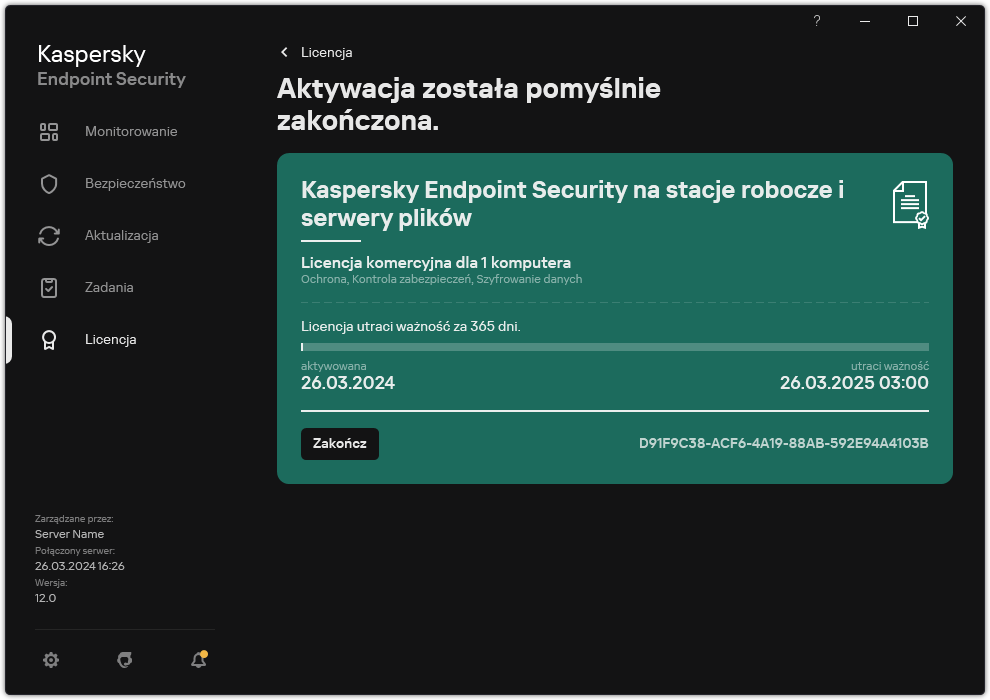 Okno zawiera informacje o licencji: datę wygaśnięcia, dostępne funkcje i inne informacje.