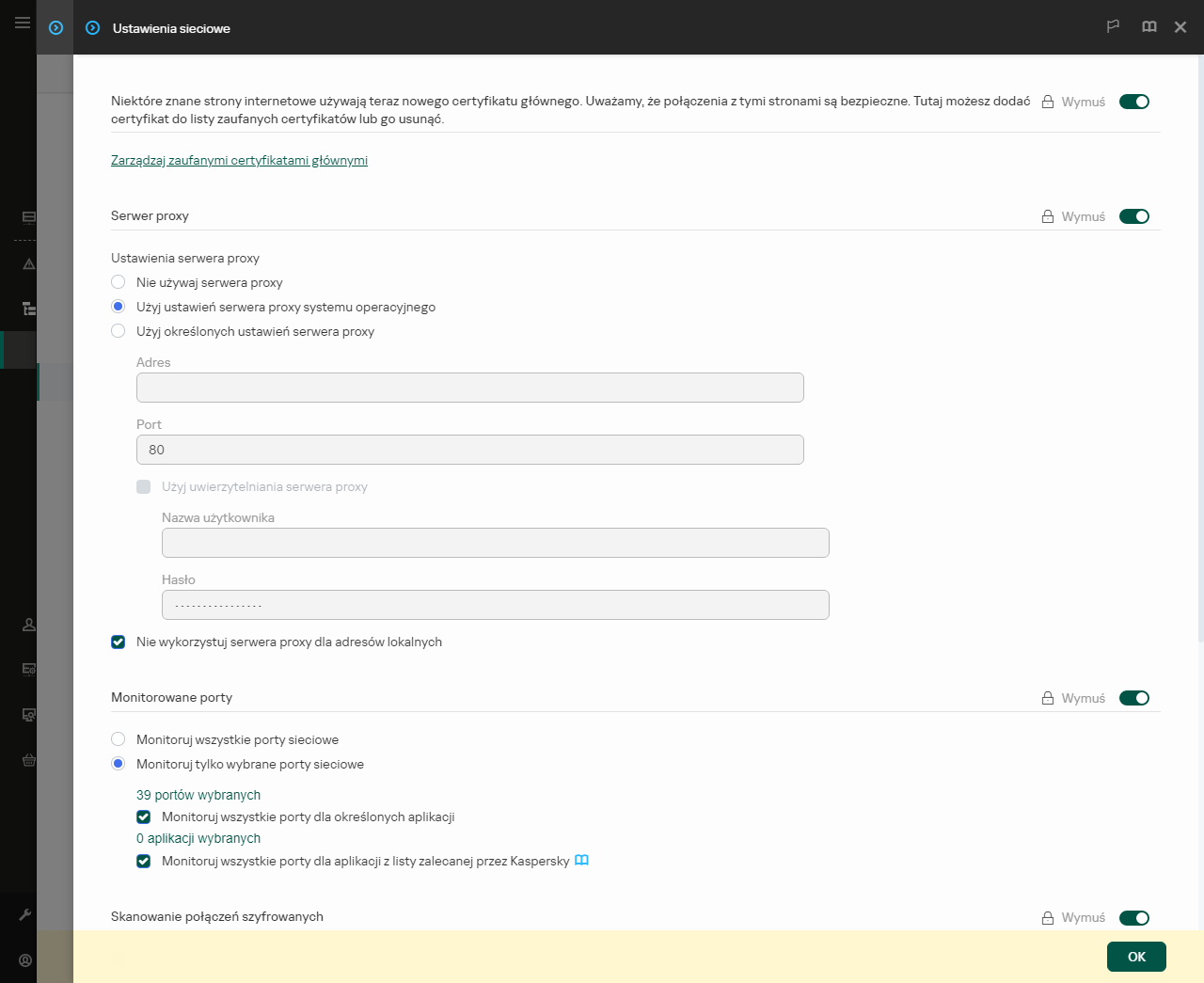 Okno ustawień sieciowych aplikacji. Użytkownik może skonfigurować ustawienia serwera proxy.