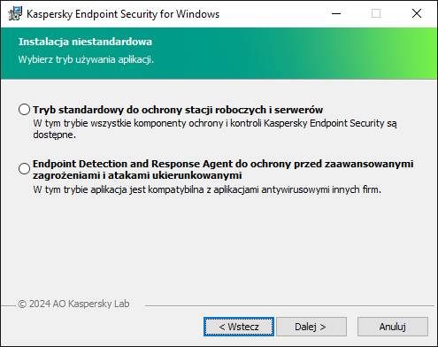 Okno instalatora umożliwiające konfigurację aplikacji: pełna funkcjonalność lub Endpoint Detection and Response Agent.