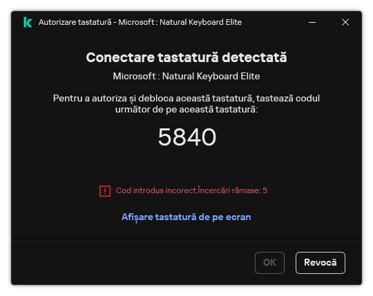 Fereastra cu codul de autorizare a tastaturii. Utilizatorul poate activa tastatura de pe ecran și poate introduce codul.