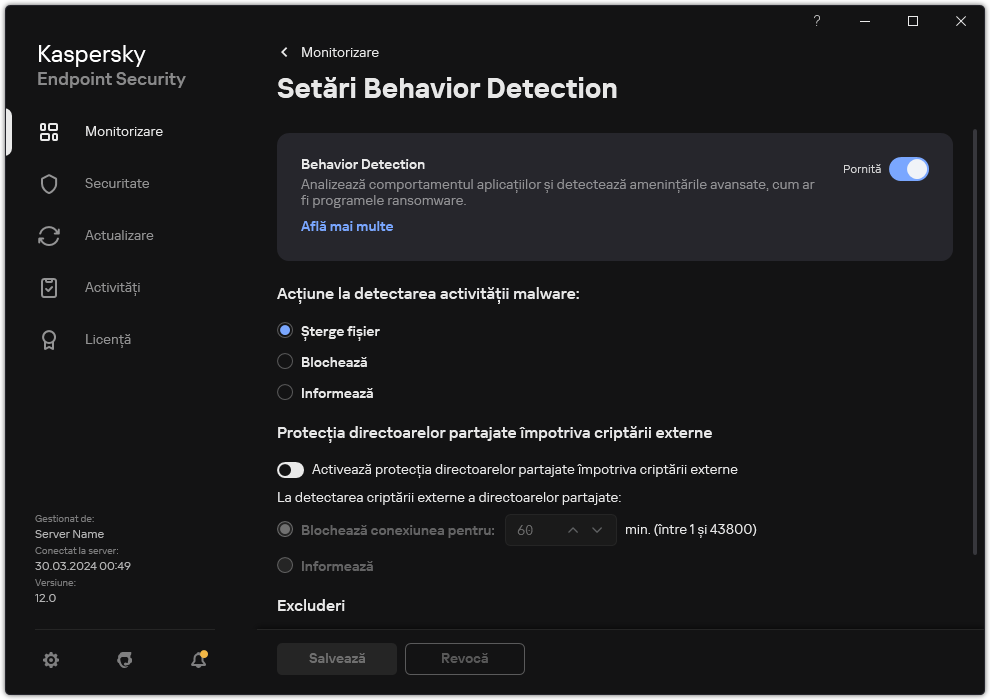 Fereastra de setări Behavior Detection.