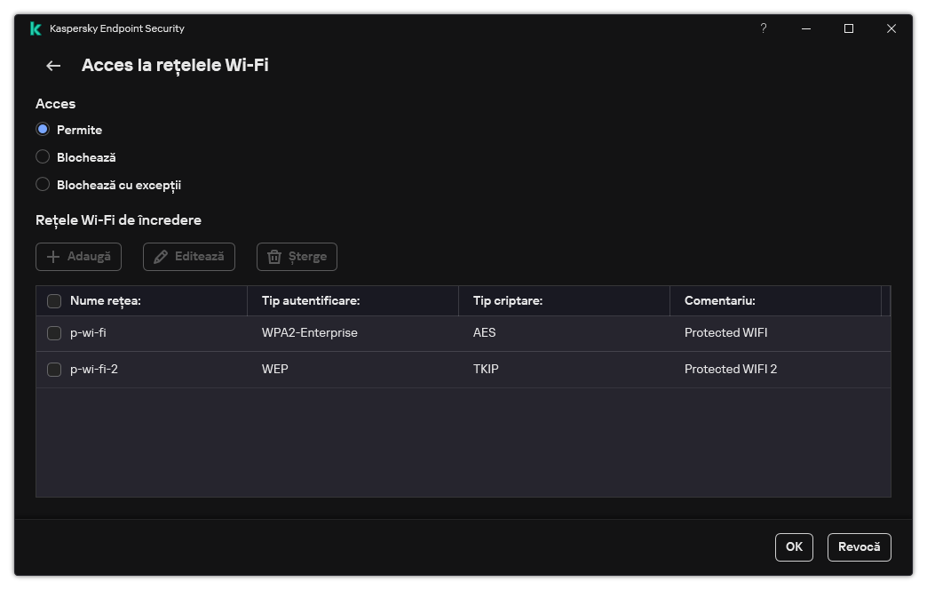 O fereastră cu lista rețelelor Wi-Fi. Utilizatorul poate configura accesul la toate rețelele Wi-Fi și poate adăuga rețele Wi-Fi de încredere.