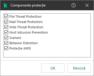 O fereastră cu lista componentelor aplicației. Excluderea se aplică numai pentru funcționarea componentelor selectate.
