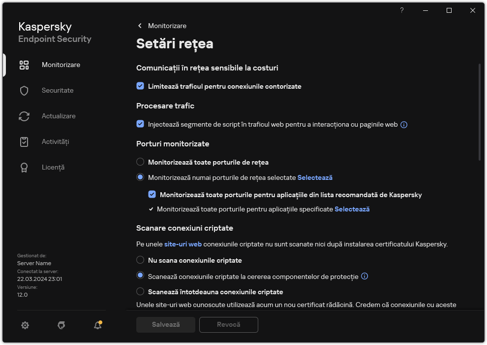 Fereastra Setări de rețea pentru aplicație.