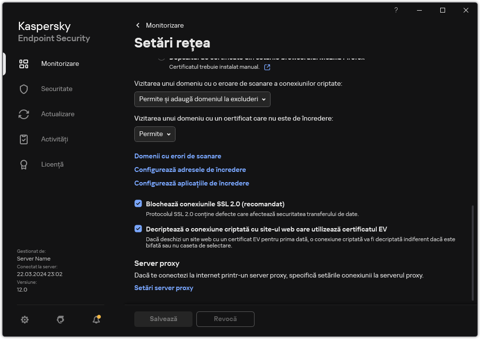 Fereastra Setări de rețea pentru aplicație.