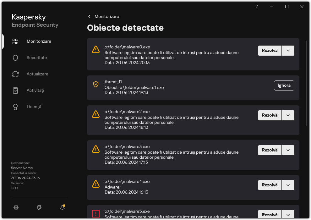 O fereastră cu lista obiectelor detectate. Sunt afișate informații despre obiect. Utilizatorul poate rezolva sau elimina obiectul.