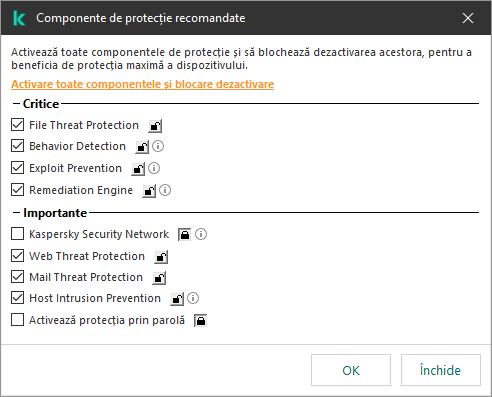 Fereastra pentru activarea componentelor de protecție recomandate. Poți activa toate componentele de protecție și poți împiedica dezactivarea acestora.