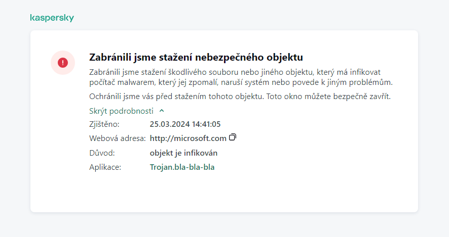 Upozornění aplikace Kaspersky na zabránění načtení škodlivého objektu v okně prohlížeče.