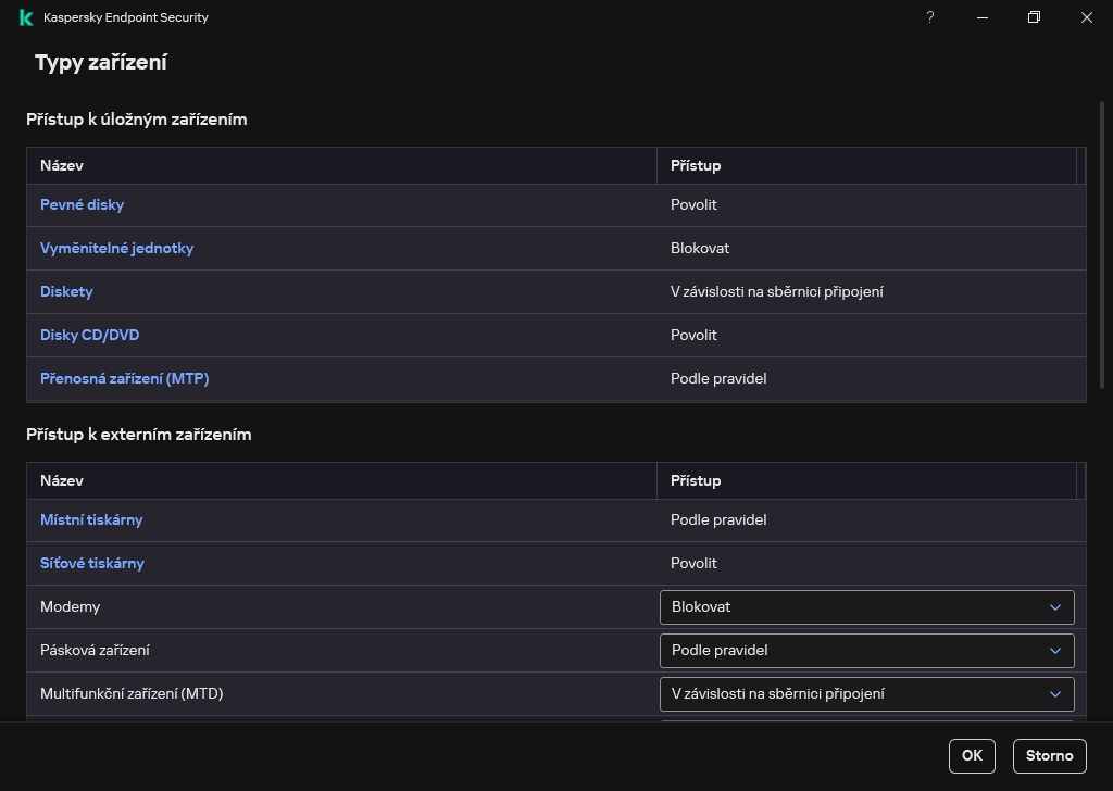Okno pro konfiguraci přístupu k zařízením. Uživatel může nakonfigurovat přístup k zařízením a nastavit další parametry přístupu, jako je plán přístupu.