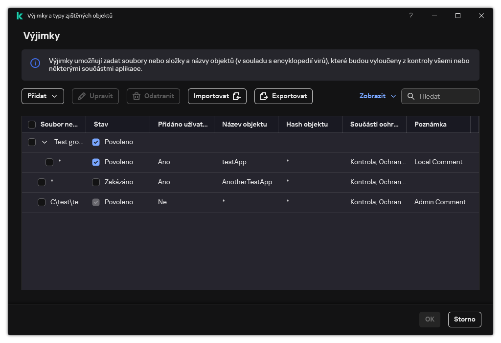 Okno se seznamem výjimek. Zobrazí se vlastnosti výjimky. Uživatel může přidávat, upravovat nebo odstraňovat výjimky.