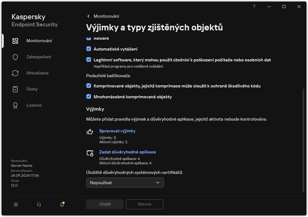 Okno nastavení výjimek. Uživatel může přidávat výjimky a důvěryhodné aplikace.