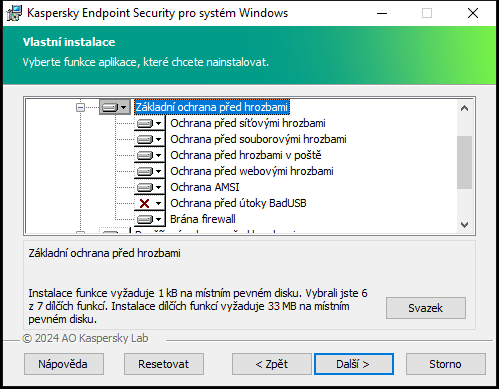 Okno instalačního programu se seznamem součástí, které si uživatel může vybrat.
