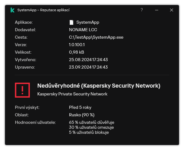 Okno obsahuje informace o reputaci souboru a další údaje, jako je přítomnost digitálního podpisu.