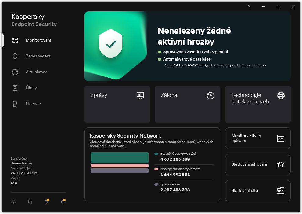 Hlavní okno aplikace obsahuje sekce pro monitorování zabezpečení počítače a kontrolu aplikací.
