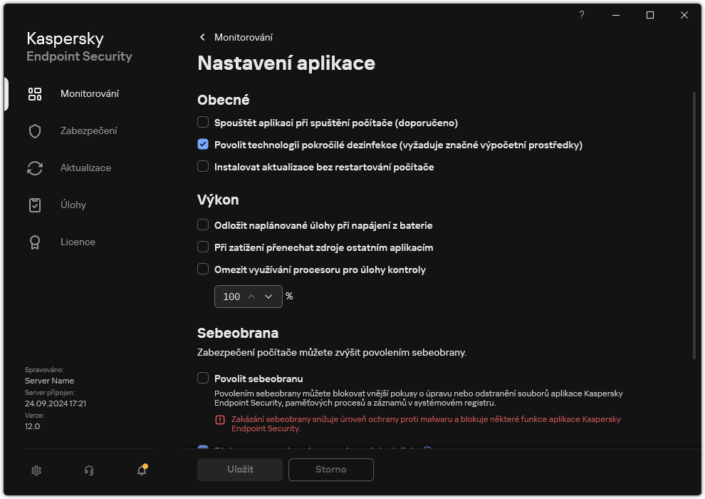 Okno Nastavení aplikace. Uživatel může konfigurovat výkon, sebeobranu a další nastavení.