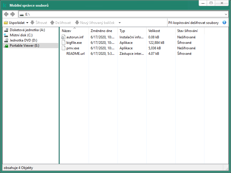 Okno Mobilní správce souborů. Uživatel může šifrovat/dešifrovat soubory nebo vytvořit šifrovaný archiv.