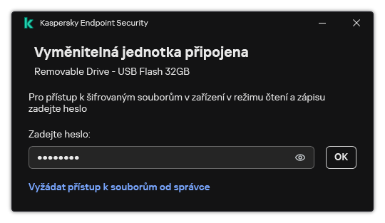 Okno obsahuje pole pro zadání hesla. Uživatel může vytvořit žádost o přístup k souboru.