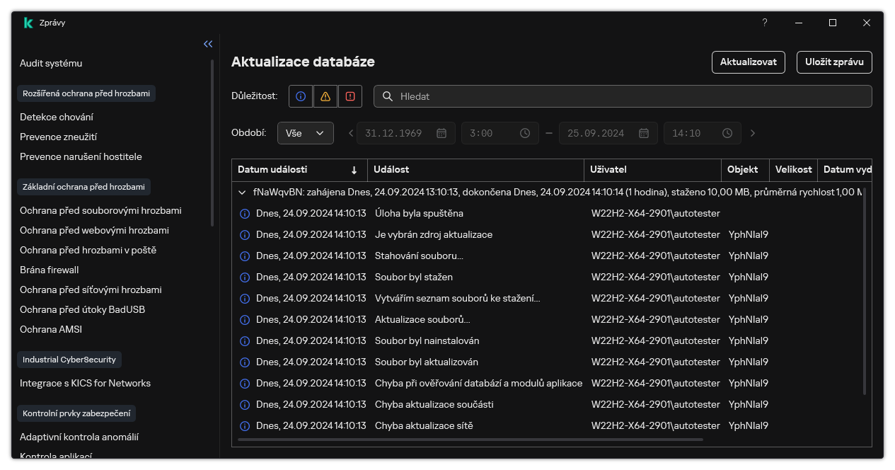 Okno se seznamem událostí ve zprávě. Uživatel může filtrovat/třídit události a ukládat zprávy do souboru.