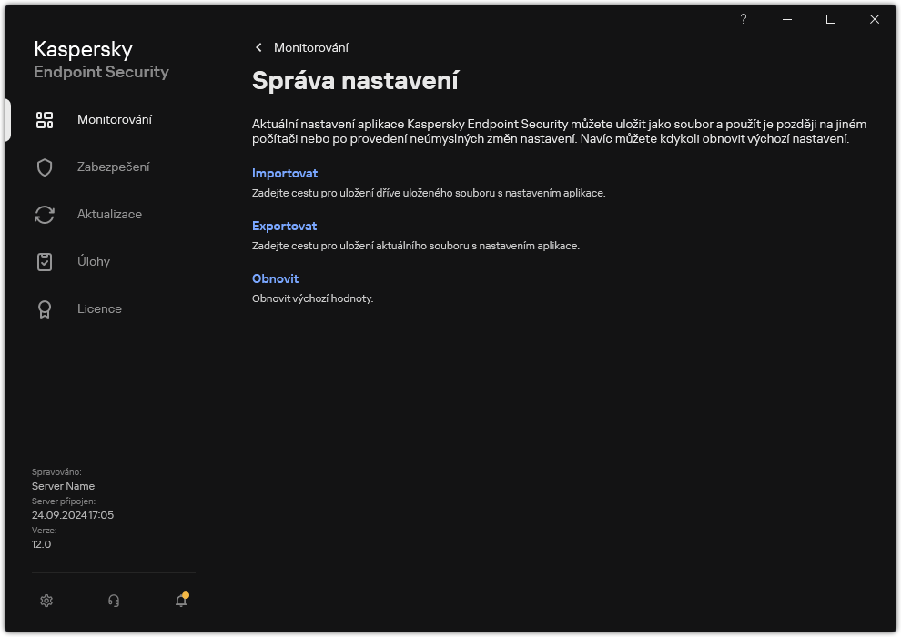 Okno nastavení výjimek. Uživatel může exportovat, importovat nebo obnovovat nastavení aplikace.