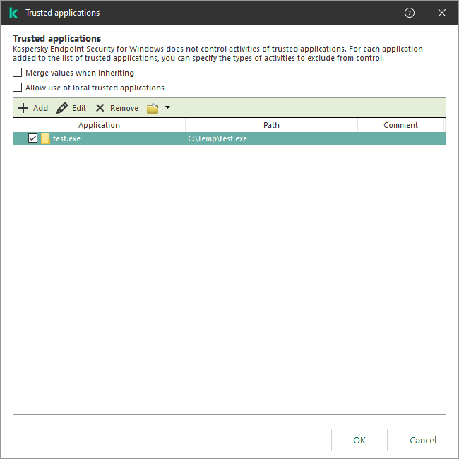 Okno se seznamem důvěryhodných aplikací. Uživatel může přidat, upravit nebo odebrat důvěryhodnou aplikaci.