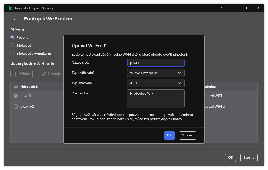 Okno obsahuje nastavení důvěryhodné Wi-Fi sítě.