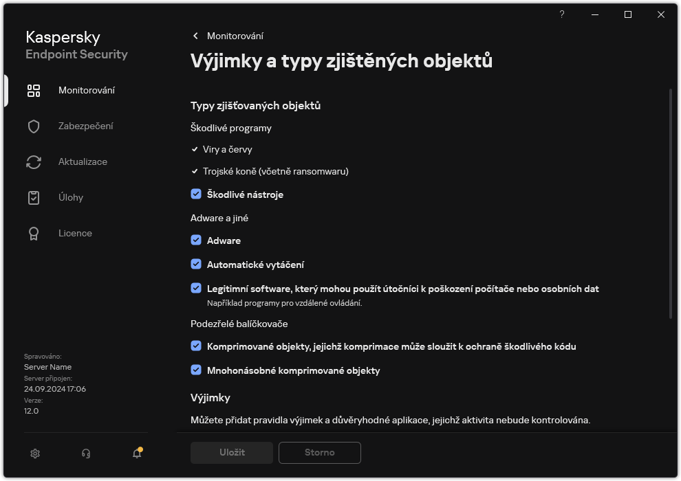 Okno nastavení výjimek. Uživatel může vybrat typy zjišťovaných objektů a přidat objekty do výjimek.