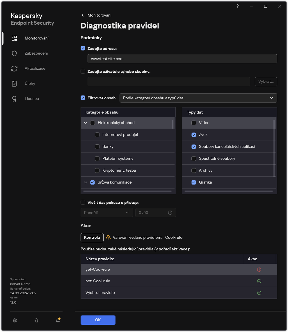 Okno s&nbsp;výsledky testu webových prostředků.