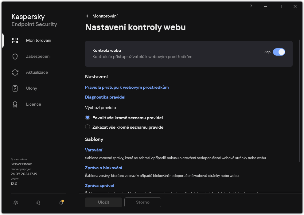 Nastavení součásti Kontrola webu.