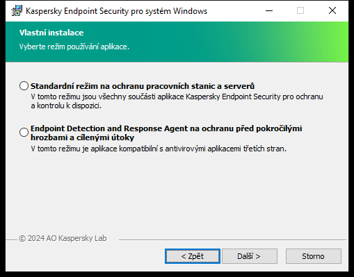 Instalační okno s konfigurací aplikace: všechny funkce, nebo Endpoint Detection and Response Agent.
