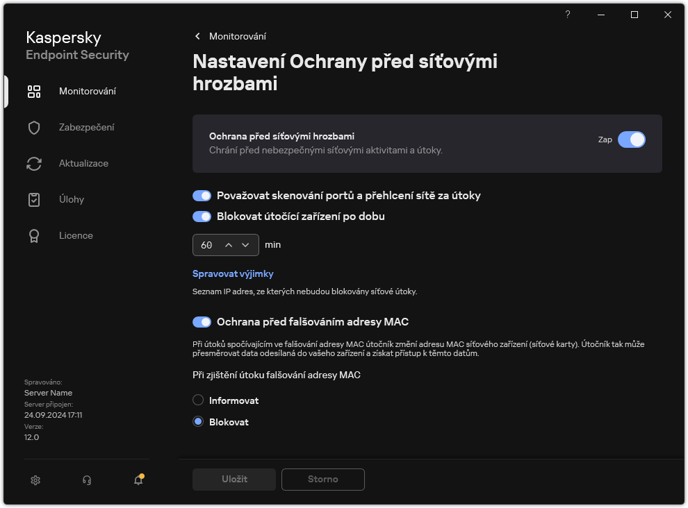 Okno nastavení součásti Ochrana před síťovými hrozbami