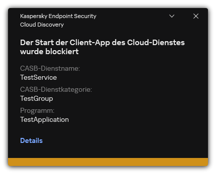 Benachrichtigung über die Sperrung eines Cloud-Dienstes. Der Benutzer kann detaillierte Informationen über die Regel anzeigen.