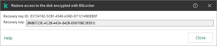 A window with the key to restore access to the encrypted non-system drive.