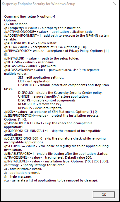 Tooltip window describing the command options to install the application via CMD.