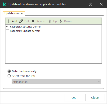 A window with the list of update sources. The user can add update sources and assign a priority to the source.