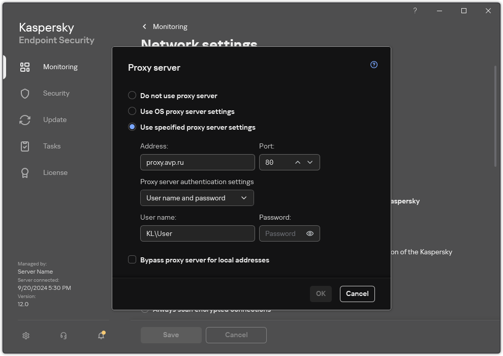 The window for configuring proxy server connection. The user can set the address of the proxy server and credentials for connecting to the proxy server.